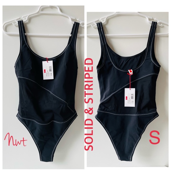 NWT (S) SOLID & STRIPED Sybil blackout UV protect professional swimsuit mesh mid - Picture 2 of 12
